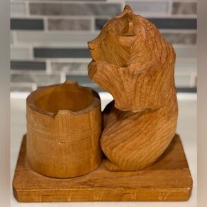 Vintage Hand Carved Wood BEAR With Honey Barrel USSR Soviet Russian Folk Art